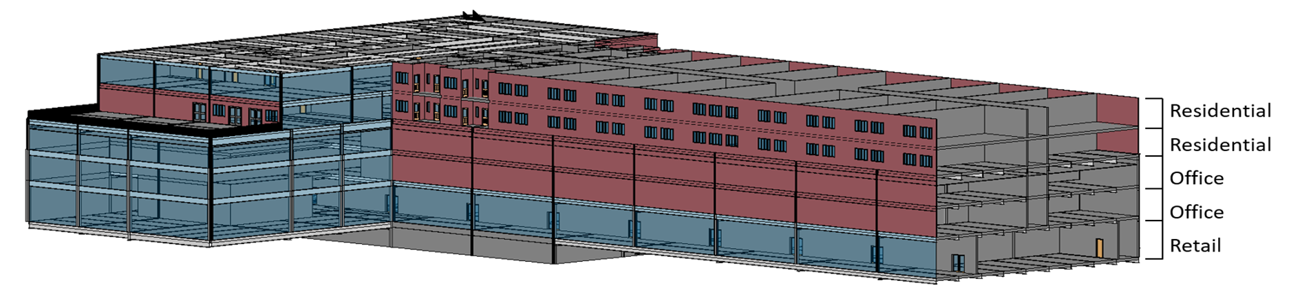 Front view of building modeled in Revit. Final design was presented as a team to a panel of professional engineers and submitted in a report to professors.