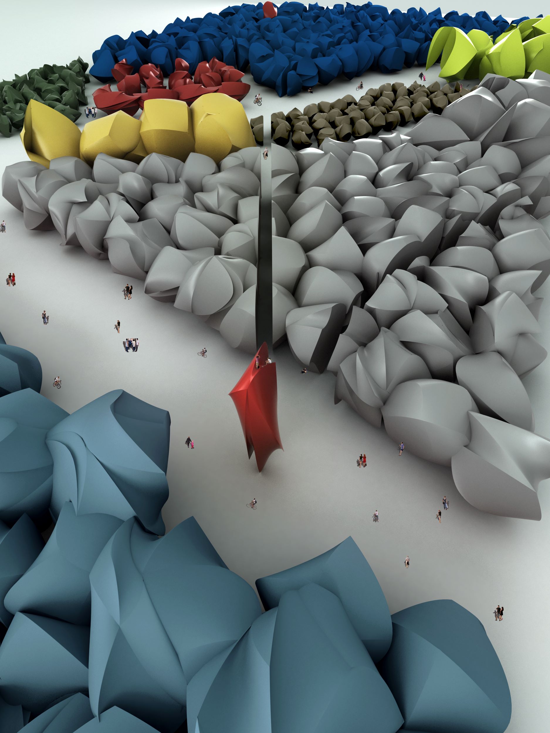 Aerial view of imagined city created by arranging the objects according to the city plan. Assembled in Rhino, rendered with V-Ray, altered in Illustrator and Photoshop, and printed on 18x24” paper. Final rendering is of view from top right toward bottom left of city plan.